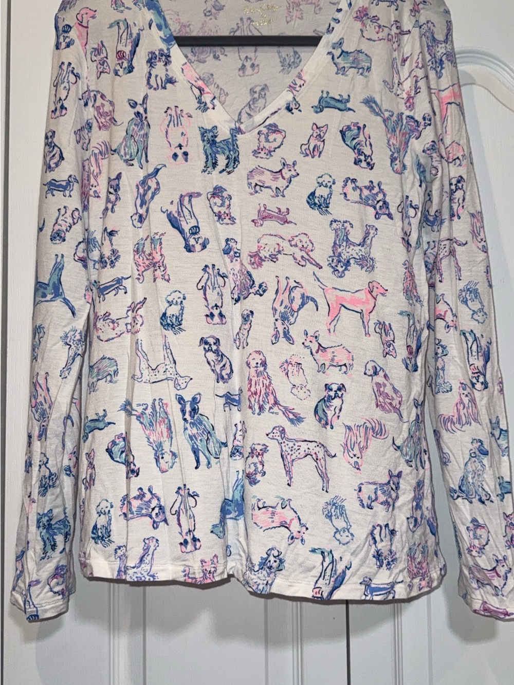 Lilly Pulitzer Cream Long Sleeve V-Neck Pajama Top with Blue and Pink Dog Print